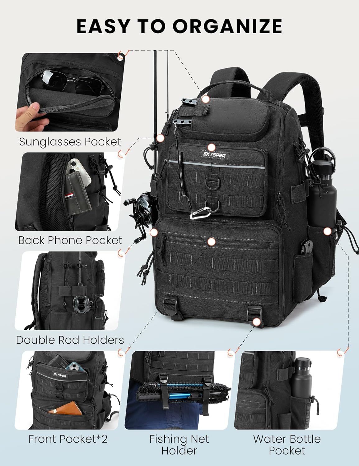 SKYSPER Tackle Backpack Fishing Bags with Rod Holder, 40L Water-Resistant Storage for Gear
