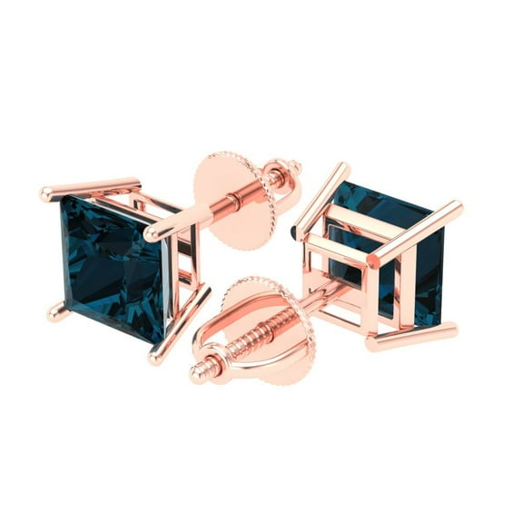 3 Ct Princess Cut Studs Natural London Blue Topaz 14K Rose Solid Solid Gold Everyday Dainty Earrings Screw Back
