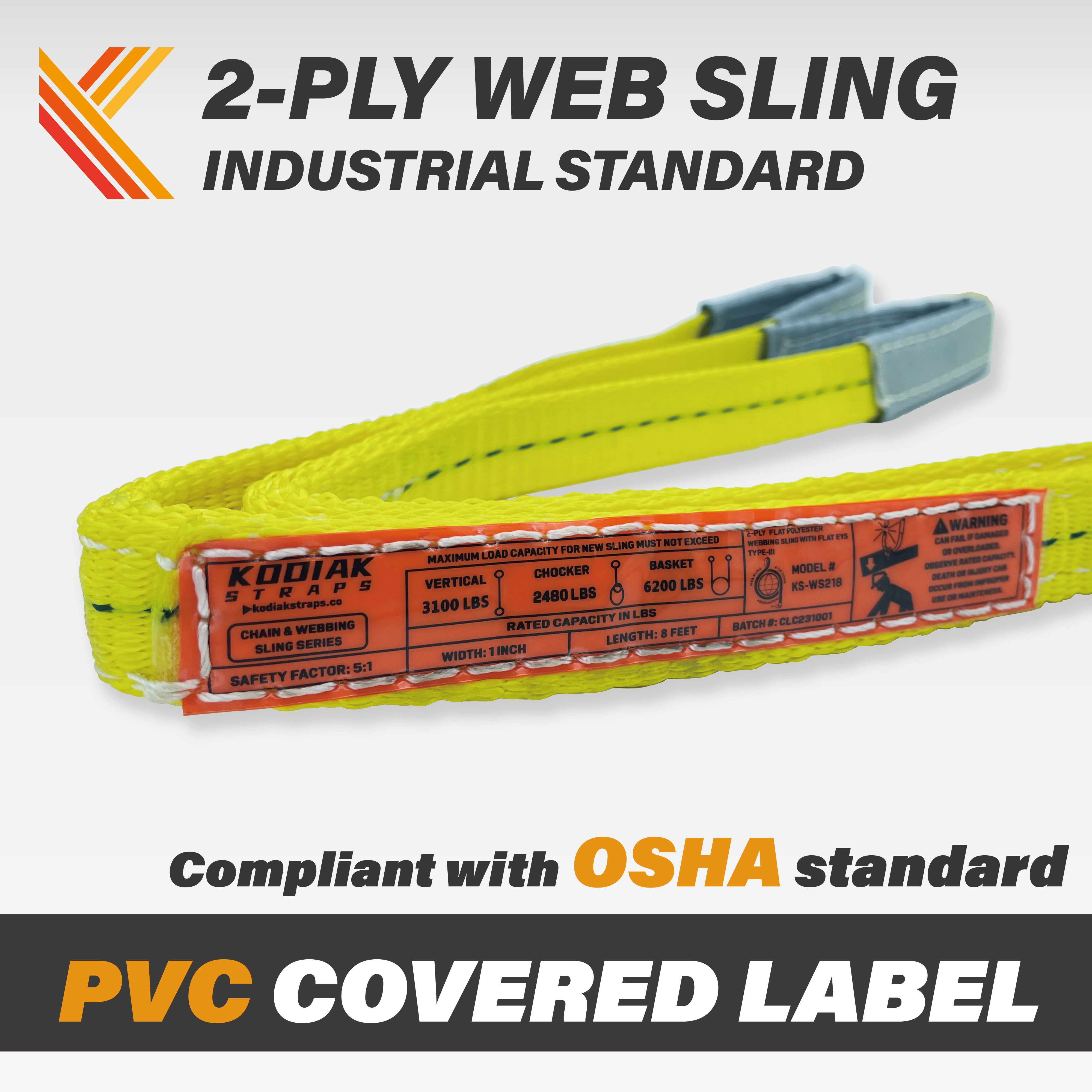 2-Ply Lifting Straps 1”x 4ft Webbing Sling Tree Saver 2Pack Heavy Duty Web Strap Rigging Moving Towing Hoisting Gear KODIAK STRAPS