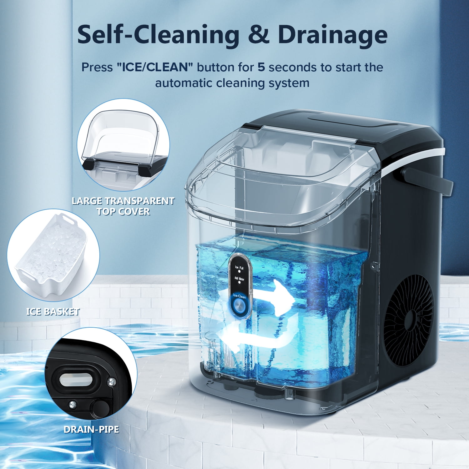 Auseo Nugget Ice Maker Countertop,  Ready in 6 Mins ,35Lbs Each  day with Self-Cleaning,Portable Sonic  Ice Machine  for Home/Office/Bar, Black