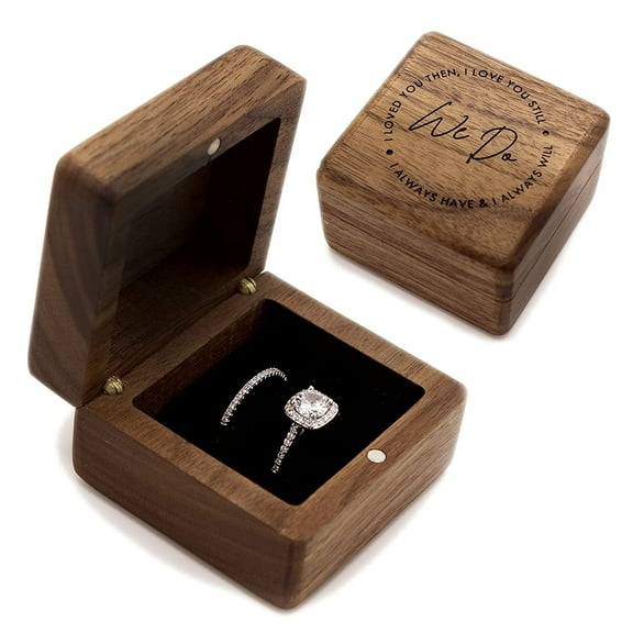 MUUJEE We Do Wood Double Ring Box - Wooden Ring Holder for 2 Rings Engagement Proposal Wedding Ceremony Ring Bearer Box