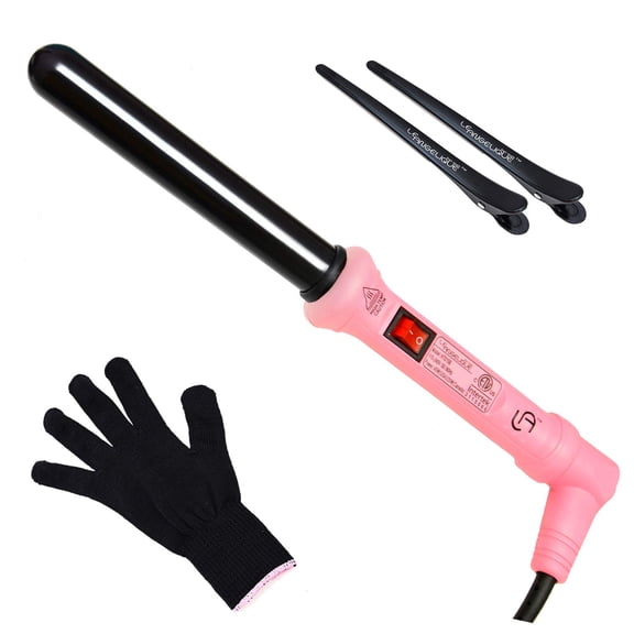 Le Angelique 1 Inch Ceramic Curling Wand for Beach Waves, Short & Long Curls - 25mm Professional Clipless Curler Iron with Glove and 2 Clips | 450F Instant Heat | Dual Voltage - Pink