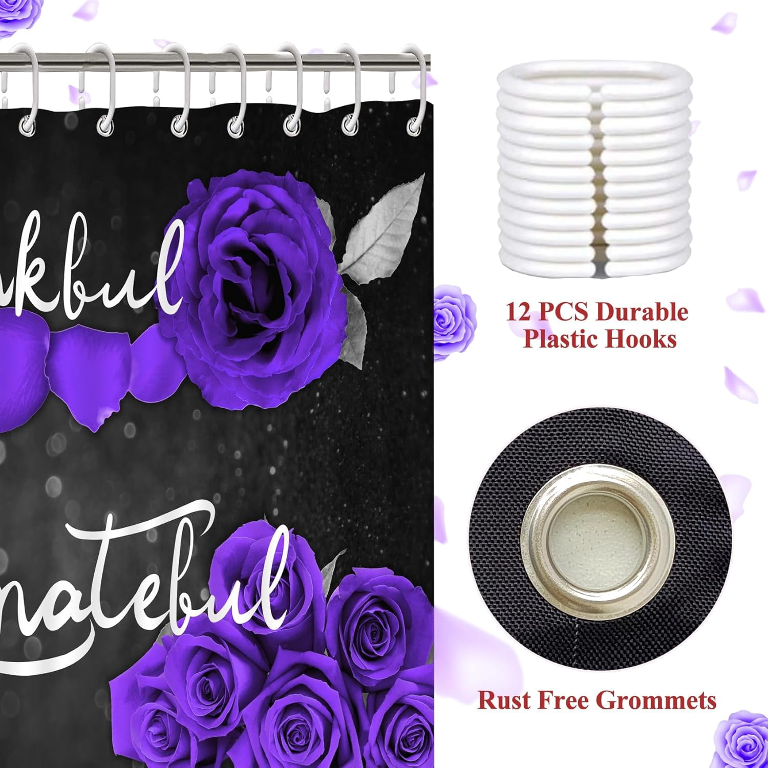 Purple Rose Shower Curtain Sets, Thankful Grateful Blessed Bathroom Curtain with Non-Slip Rug, Toilet Lid Cover, Bath Mat and 12 Hooks, Romantic Showy Floral Wedding Decor for Bath