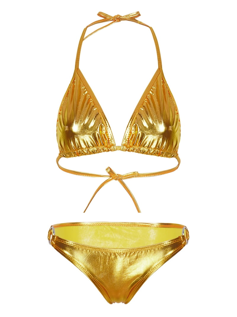 Zaldita Women's Triangle Bikini Top Tie Side Bottom Shiny