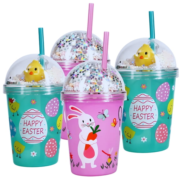 (4) Easter Dome Tumblers with Lid and Straw, 6.5 in. Easter-Themed Reusable Plastic Cups Spring Drinkware Bag Basket Fillers Party Gift Favors Decor Supplies