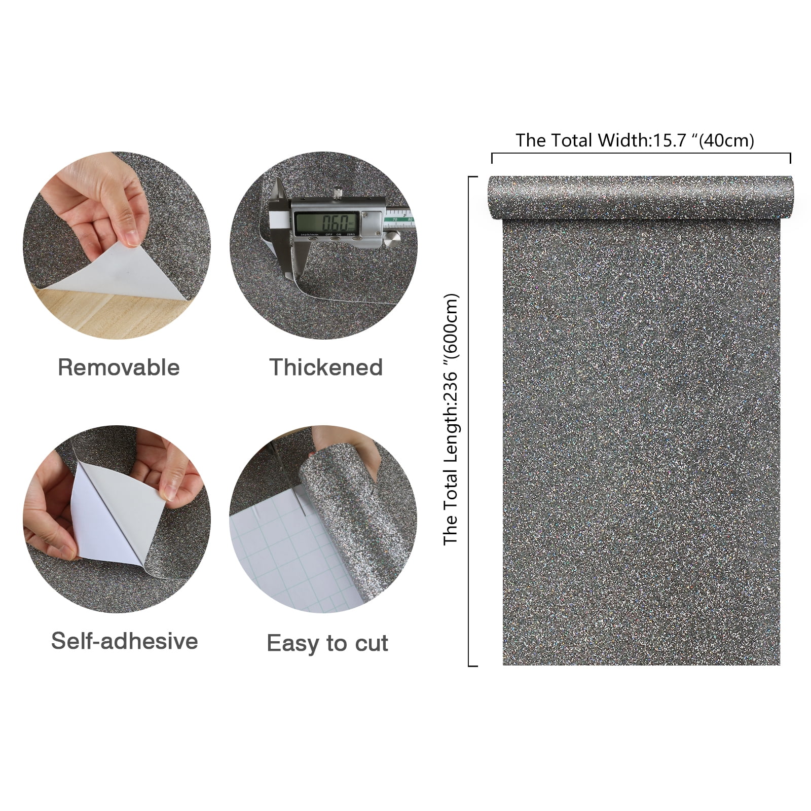 CHIHUT Holographic Grey Glitter Wallpaper Stick and Peel for Bedroom Walls Sparkle Grey Self Adhesive Wallpaper Removable Decorative Contact Paper for Cabinets Drawers Room Decor 15.7''x236''