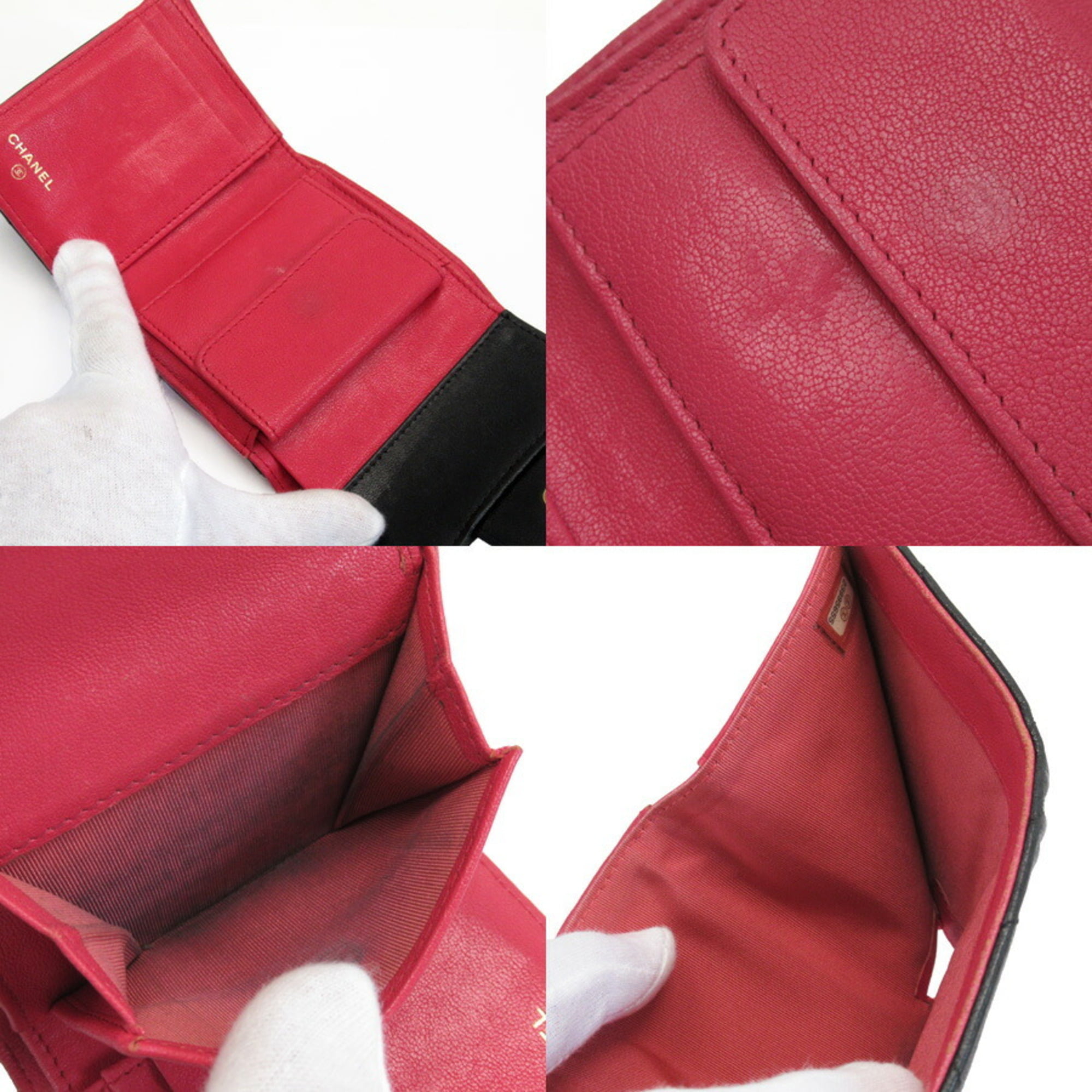 Pre-Owned Chanel CHANEL Tri-Fold Wallet 2.55 Chevron V Stitch Black Pink  Lambskin A82723 (Good) 