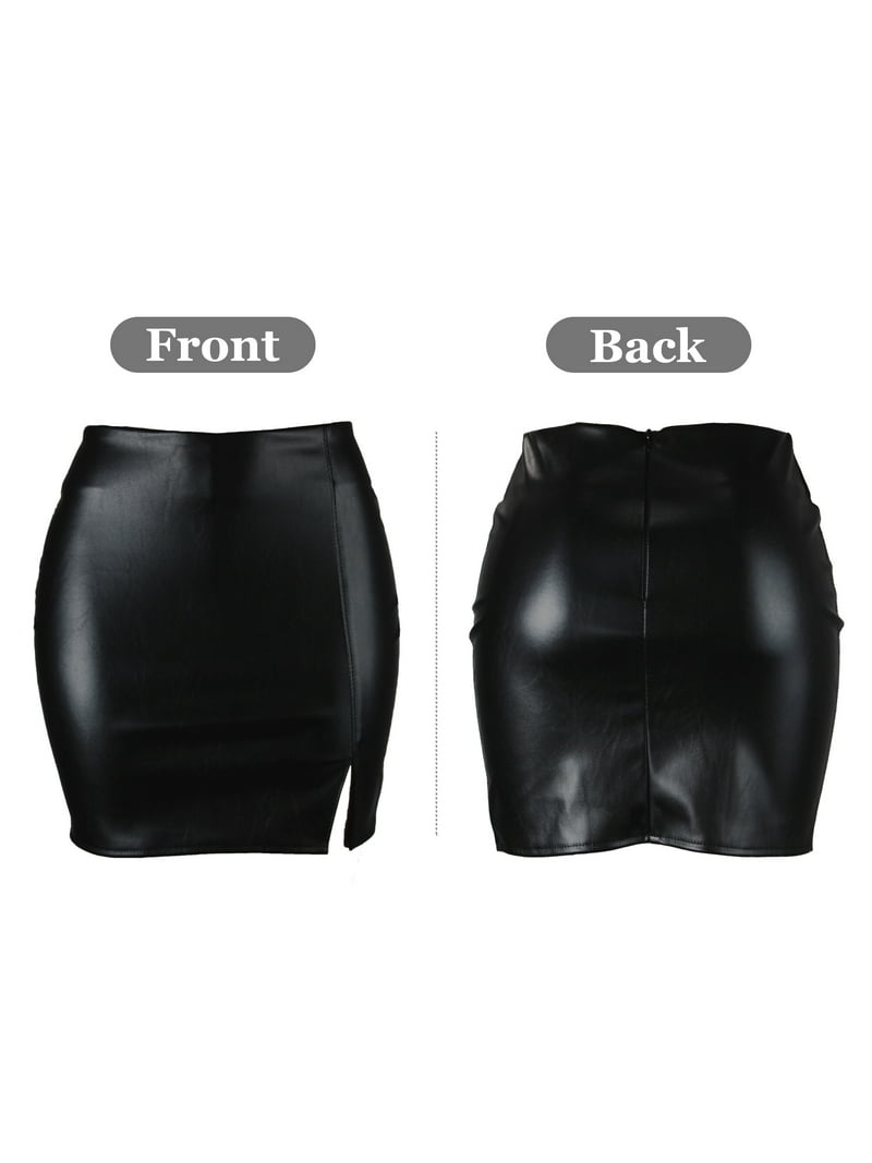 Women's Faux Leather High Waist Slim Mini Skirt with Split