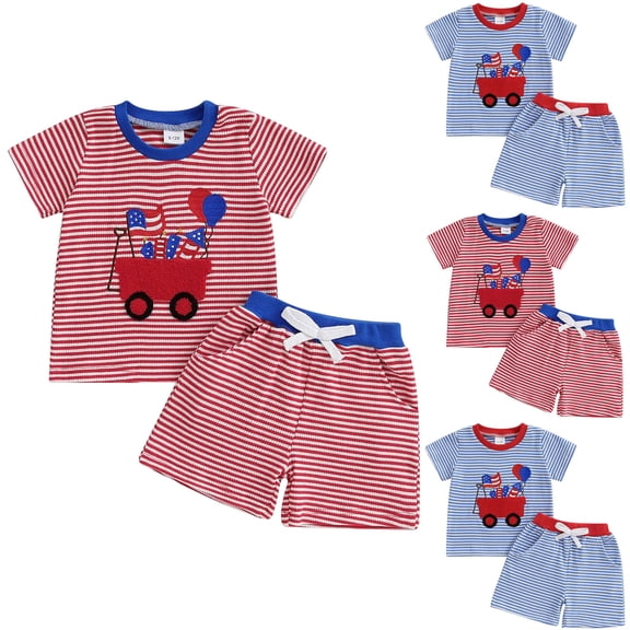 WUANDIXFA Toddler Baby Boy Summer Clothes 4th Of July Shorts Set Waffle Knit Short Sleeve T-shirt And Shorts Striped Clothes (Blue, 12-18 Months)