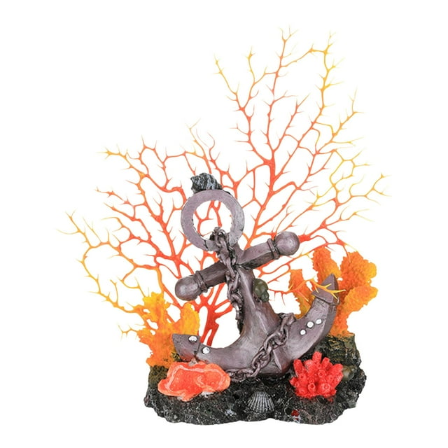 Figura de ancla de barco y coral artificial, escultura de resina realista y versátil, multicolor, decoración de acuario de 6x3,3x11 pulgadas
