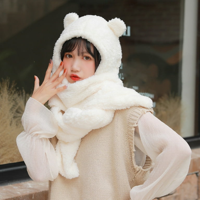 Super Soft Fleece Women's Hooded Scarf & Hat W/Glove Pockets