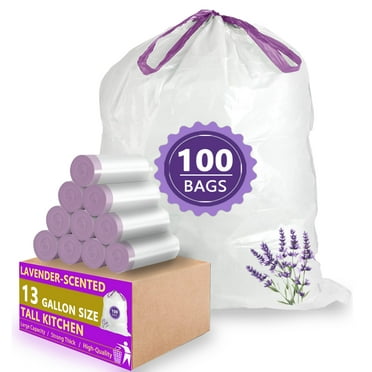 13 Gallon Trash Bags Lavender Scented (100 Count), Tall Kitchen Drawstring Garbage Bags 10-13 Gallon, High Density Bags (White)