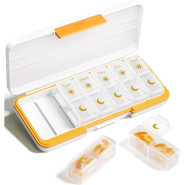 AM PM Pill Organizer Times A Day Day Pill Box Weekly Pill Organizer Travel with Separate Container Portable Daily Medicine Planner Dispenser Case for Vitamin Fish Oils Supplements