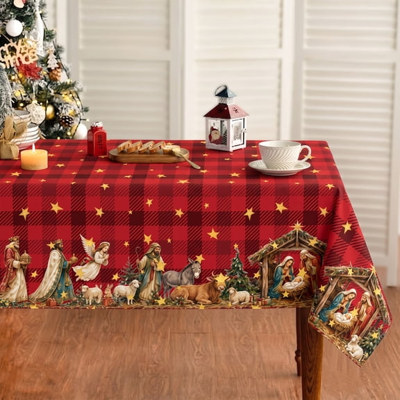 84x60in Red Plaid Holy Nativity Christmas Tablecloth for Dining Decor
