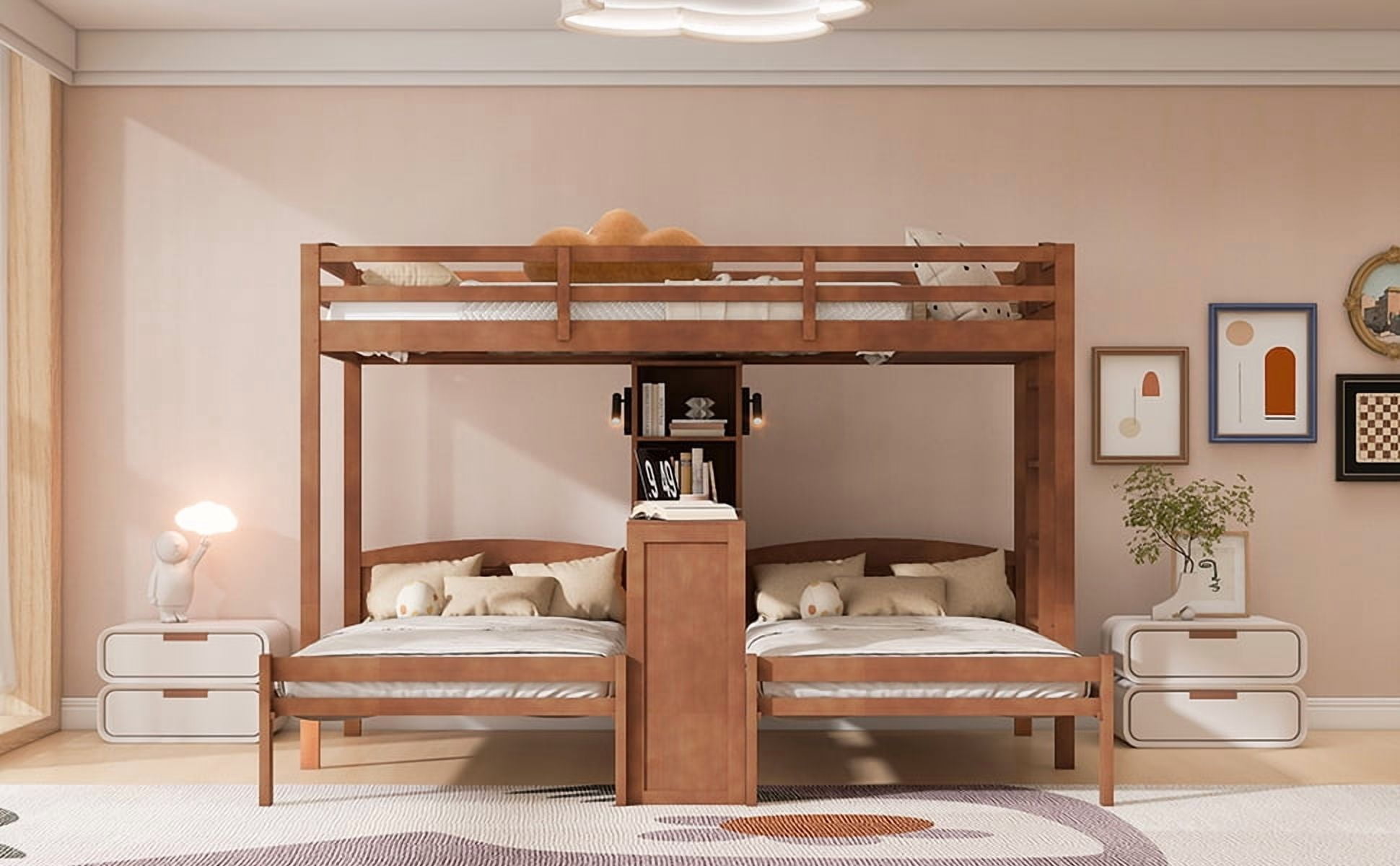 Mintazer Twin over Twin over Twin Bunk Bed with Desk, Bunk Bed with Reading Lamp and Storage Shelves, Brown