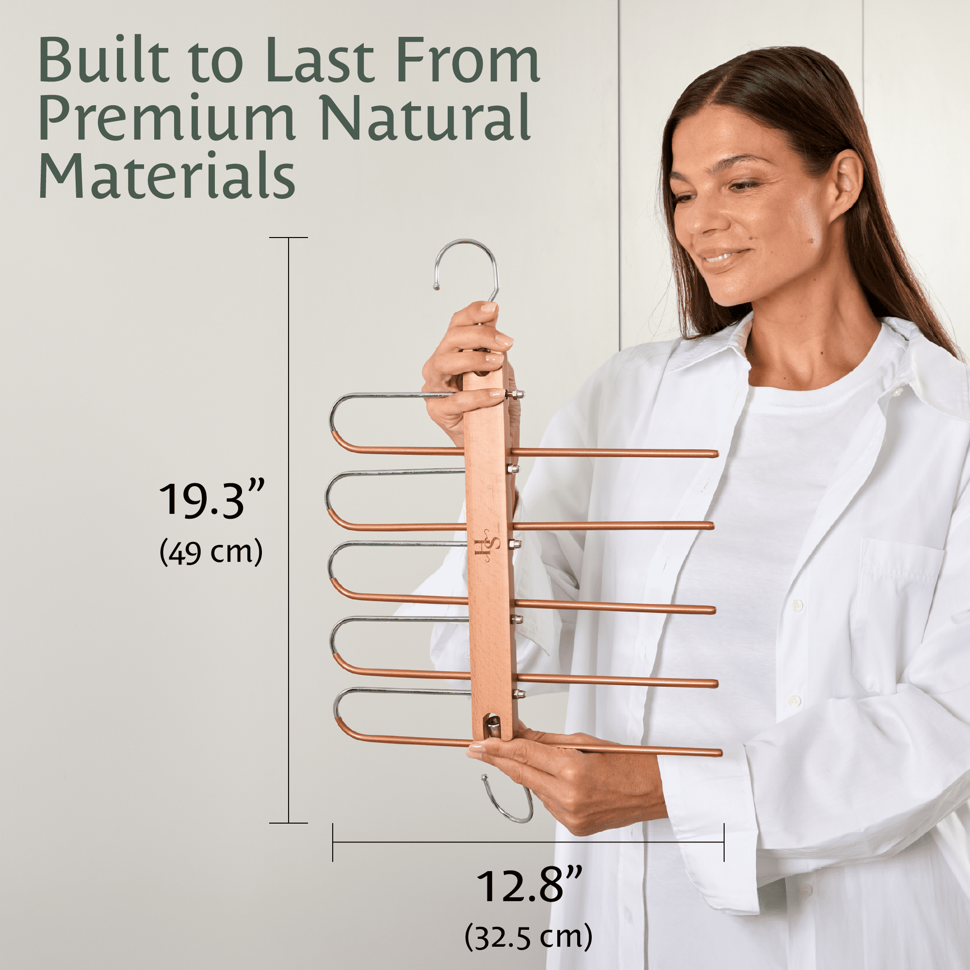 HANGSAGE Pants Hangers, 2-Pack Space-Saving Beechwood & Metal Jean Holder, 5-Tiers, 360° Swivel Hook & Non-Slip Rods, Elegant Closet Organizer