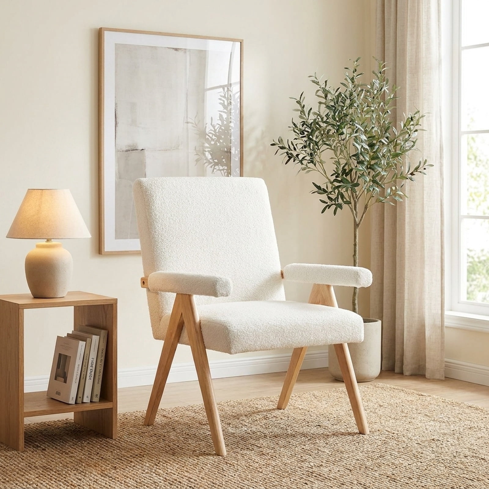 Furnibear Mid Century Modern Accent Chair with Cozy Sherpa Upholstery Padded Armrests and Solid Rubber Wood Frame for Living Room and Bedroom, White