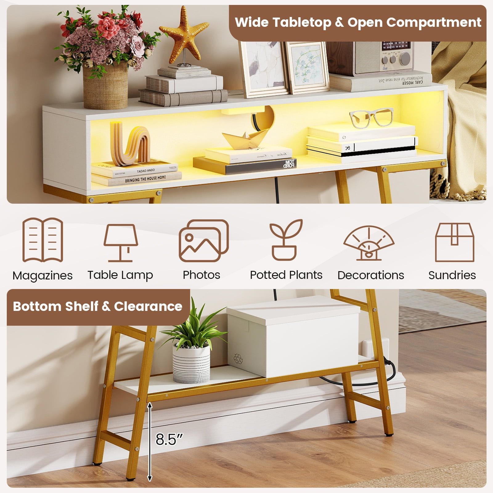Gymax 40'' Console Table w/ Power Strip 3-Tier Entryway Table w/ RGB LED Lights White