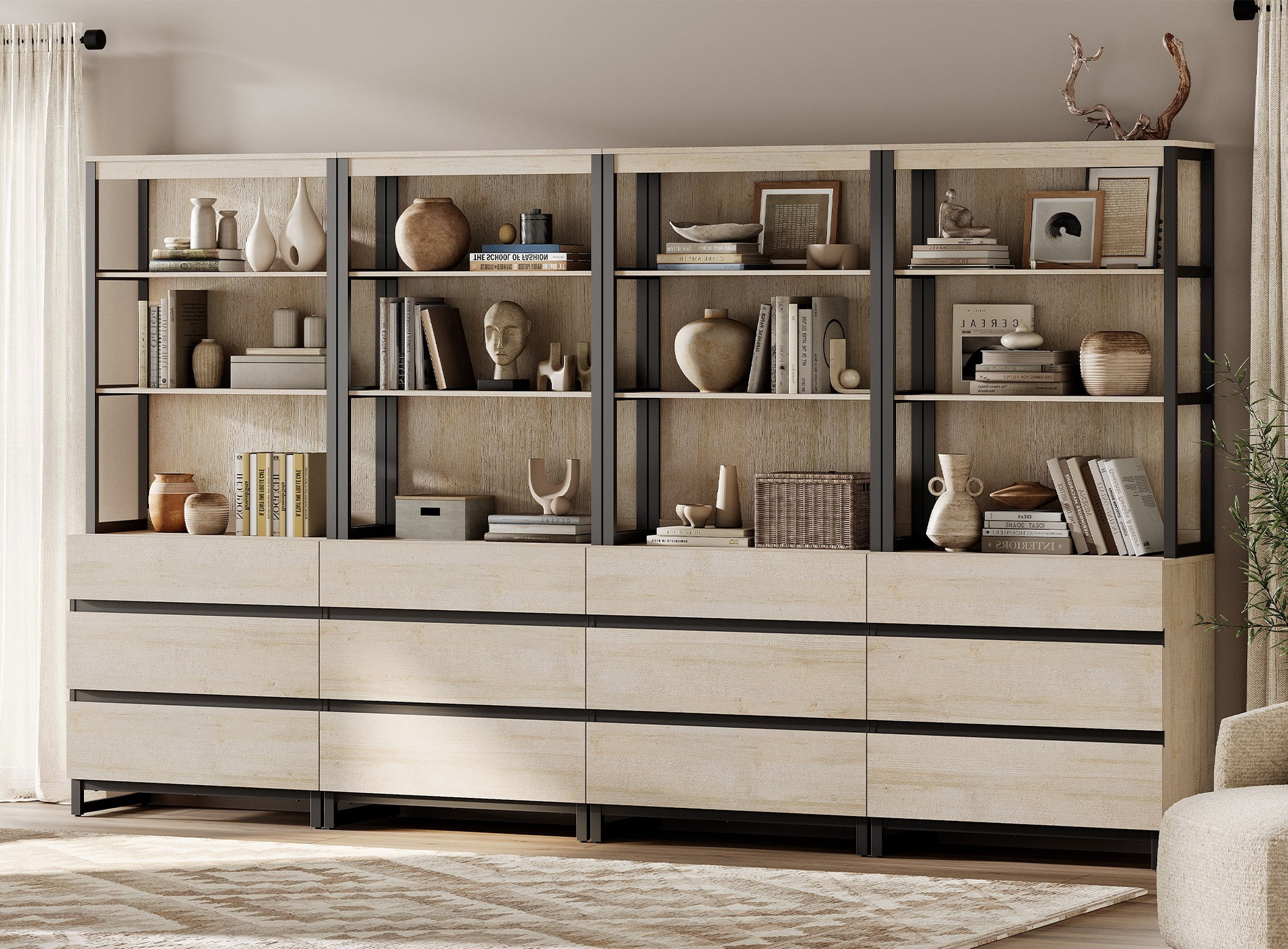 WAMPAT 4-Piece Modern 72" Tall Freestanding Bookcase，12 Drawers, Open Shelves & Storage Cabinet with Metal Base，Wood Library Bookshelf for Home Office & Living Room