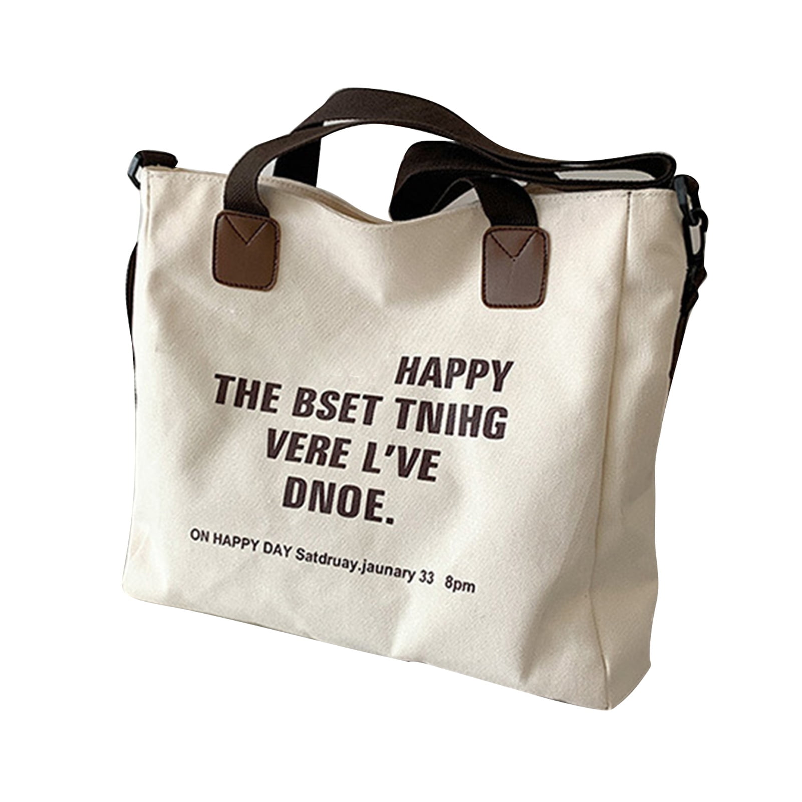 Simple Sac en Toile Femmes Grande Capacite Epaule Sac a Main Lettre d Impression Sac avec des Poches a Glissiere Blanc Taille Libre