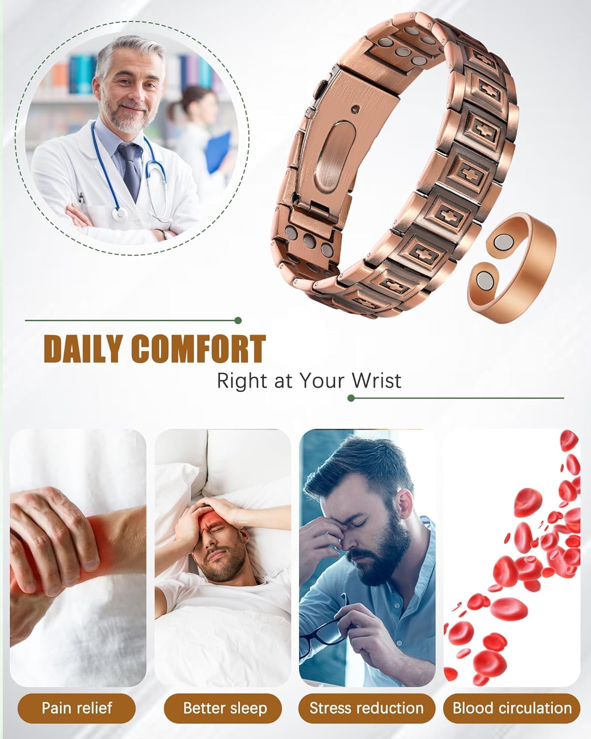 Wollet 3X Copper Magnetic Bracelet Ring for Men 3500 Gauss Magnets, Adjustable Copper Jewelry Gift Set of 2