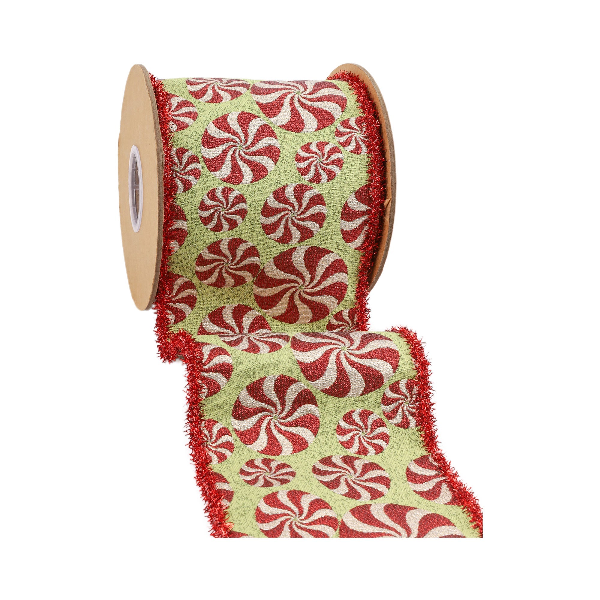 LaRibbons 4" Wired Jacquard Ribbon, Peppermint on Apple Green w/ Tinsel Edge, 5 Yard Roll