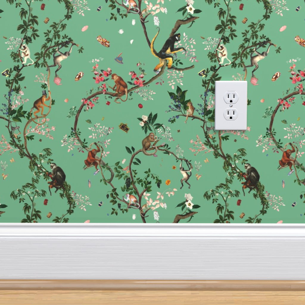 Peel-and-Stick Removable Wallpaper Monkey Chinoiserie Jungle Floral Tree Green 