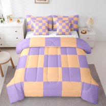 Castle Fairy Geometric Plaid Twin Bedding Sets,Purple Pink Bedding Comforter Set