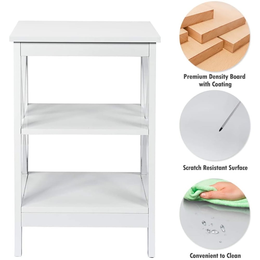 Finihen End Table, 3-Tier X-Design Nightstands with Storage Shelves, Bed Side Tables, for Living Room, Bedroom, White Finihen End Table, 3-Tier X-Design Nightstands with Storage Shelves, Bed Side Tables, for Living Room, Bedroom, White
