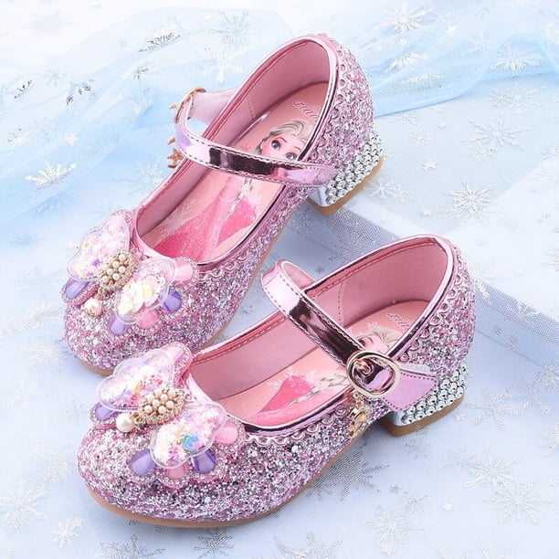 Zapatos informales de dibujos animados de Disney para niñas, zapatos de tacón alto para niños, zapatos de fiesta de cristal con lazo de dibujos animados de princesa elsa y frozen, plantilla de 18,9 CM Gao Jinjia LED