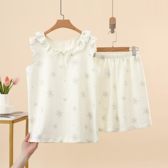 Bxsruta Women's Floral Print Pajama Set Sleeveless Ruffle Trim Top and Shorts 2 Piece Sleepwear for Women Lightweight Lounge Wear