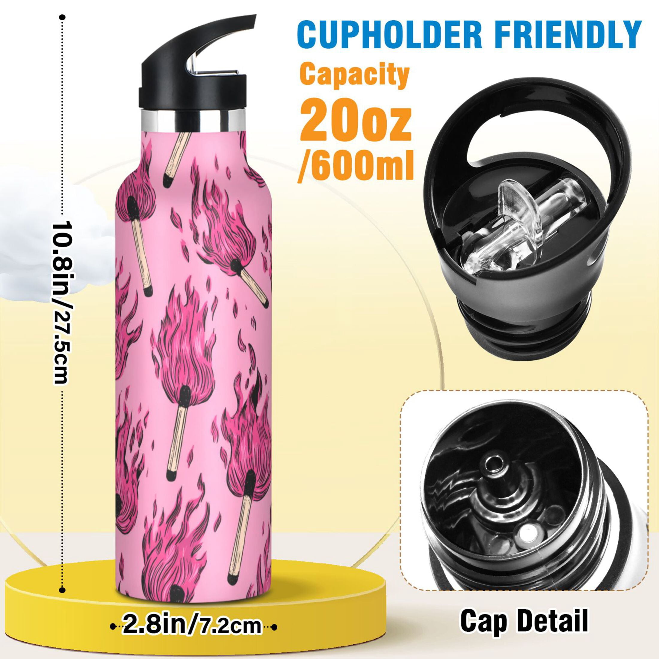 Kids Insulated Stainless Steel Sports Water Bottle 600ml (20oz) Pink Flames Pattern