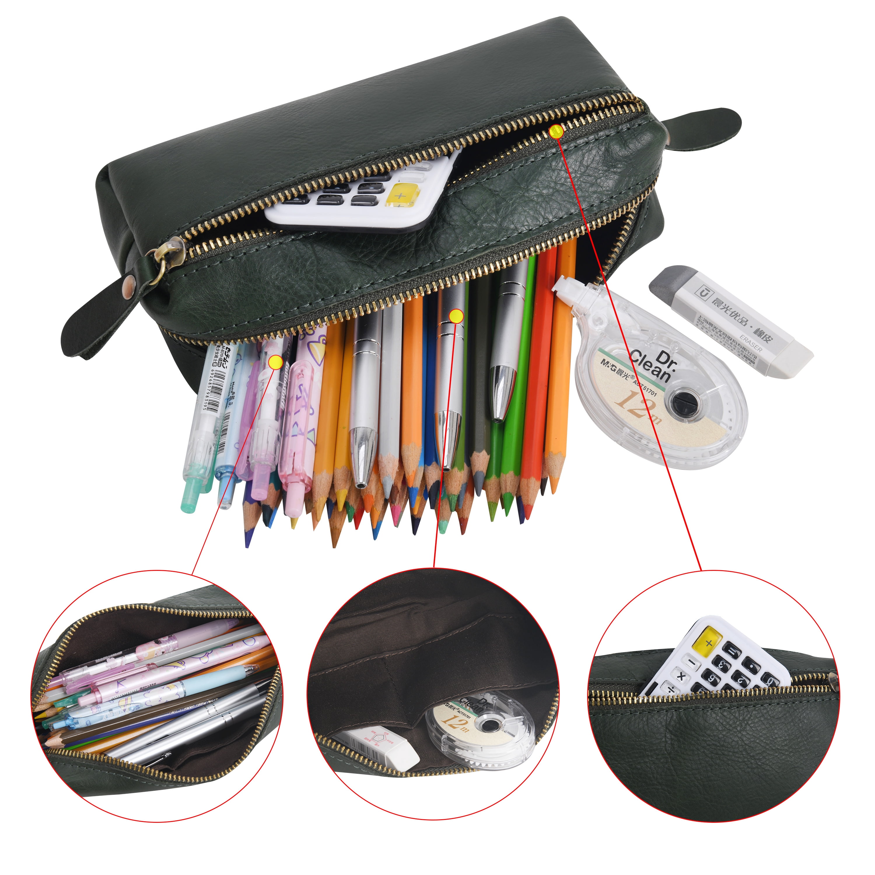 WONDERPOOL Pen Case Real Leather Pencil Pouch Markers Holder Big Capacity Bag with Side Zippered Pocket Sleeve for Stationery Makeup Utensils Organizer (Green)