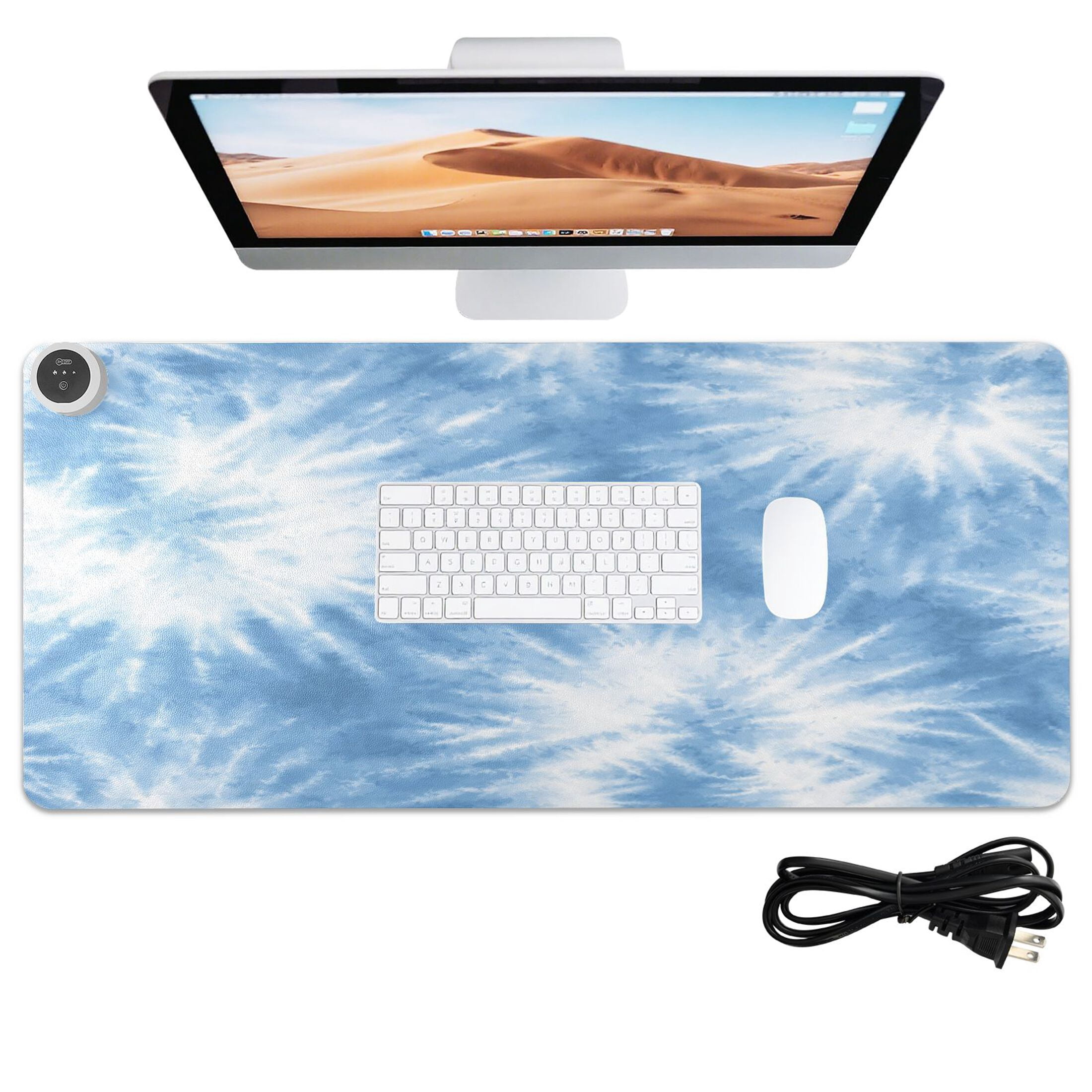 Large Heated Desk Mat Mouse Pad 31.5"x13"PU Leather Graphene Heating Desk Warmer with 3 Temperature Settings 110V US Plug Non-Slip Warm Pad for Home, Office, and Gaming Warm Blue Tie-dye Pattern