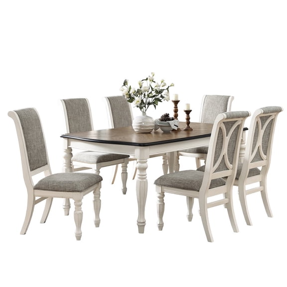 Roundhill Furniture Belleza French Country 7-PC Dining Set in Antique White and Weathered Oak Finish