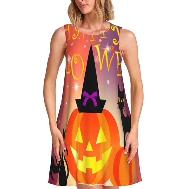 Vsdgher Robes d'Été Imprimé Halloween pour Femmes Robe Décontractée Col en U Sans Manches Robe Débardeur Ample avec Poche