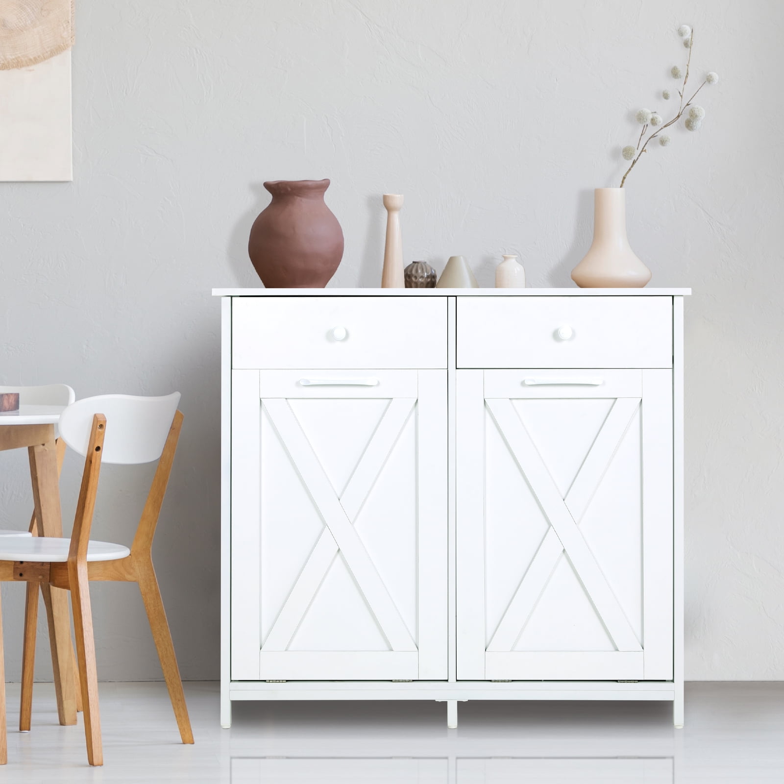 LAZY BUDDY Double Tilt-out Trash Cabinet Free Standing Kitchen Garbage Bin Recycling Cabinet Wooden Hideaway Trash Cans Holder (2x 10 Gallon)- White