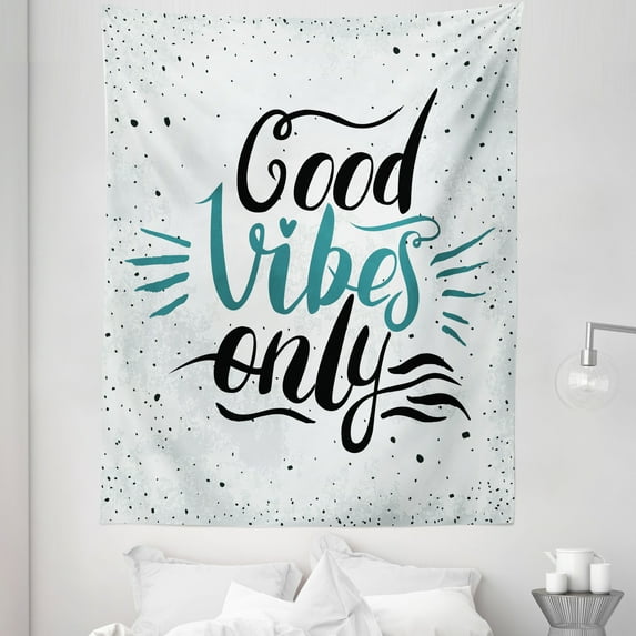 Chill Tapestry, Hand Letters Calligraphy Dots Wavy Lines and Little Heart Modern, Fabric Wall Hanging Decor for Bedroom Living Room Dorm, 5 Sizes, Teal Black Beige, by Ambesonne