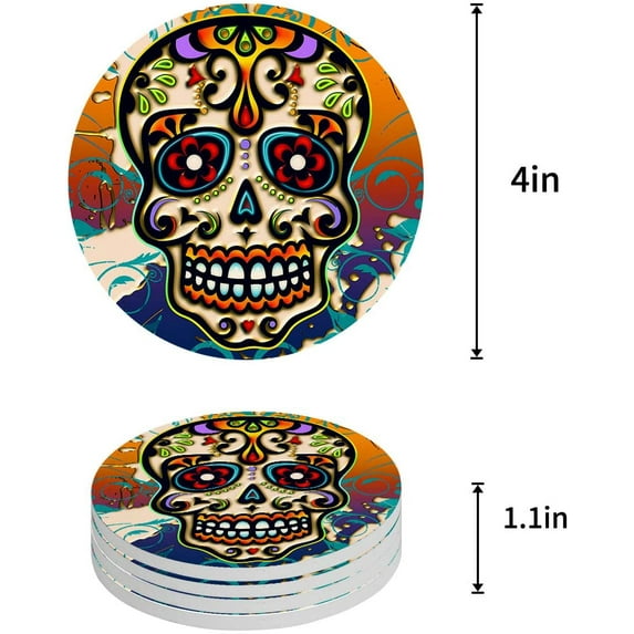 FMSHPON Halloween Flowers Skull Skeleton Set of 8 Round Coaster for Drinks, Absorbent Ceramic Stone Coasters Cup Mat with Cork Base for Home Kitchen Room Coffee Table Bar Decor