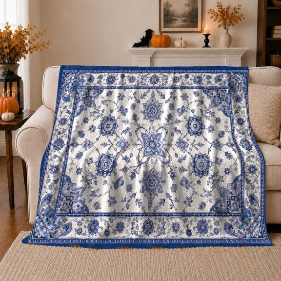 Chinoiserie Floral Medallion Porcelain Blue Pattern, Cozy Botanical Garden Scene, Warm Flannel Blanket for Sunroom and Reading Nook, Garden Lovers Thanksgiving Gift, Artistic Home Decor