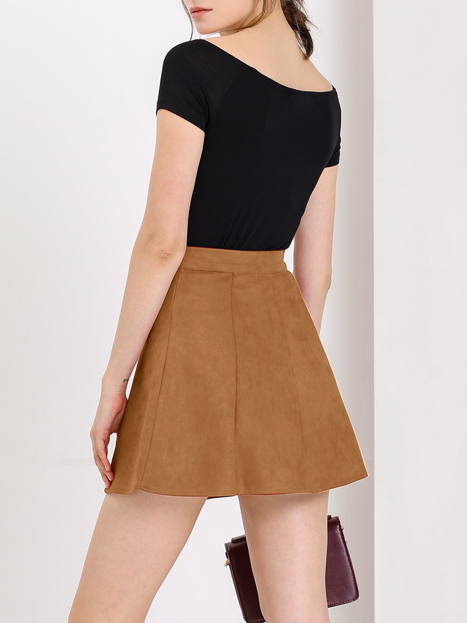 DARING DIVA Women's Faux Suede Button Front Mini A-Line Skirt M Brown