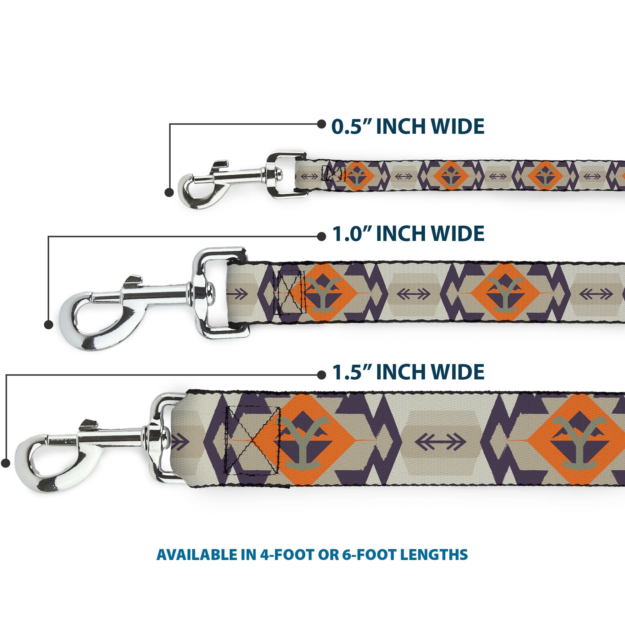 Paramount Network Pet Leash, Dog Leash, Yellowstone Y Logo Native American Tribal Tans Blue Orange, 6 Feet Long 1.0 Inch Wide