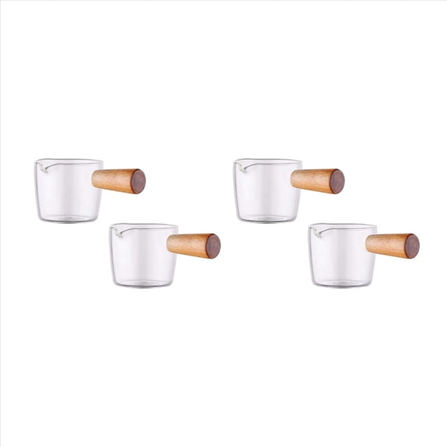 4PCS Transparent Glass Creamer with Wooden Handle, Mini Coffee Milk Creamer Pitcher. 100Ml,4 * sauce cup