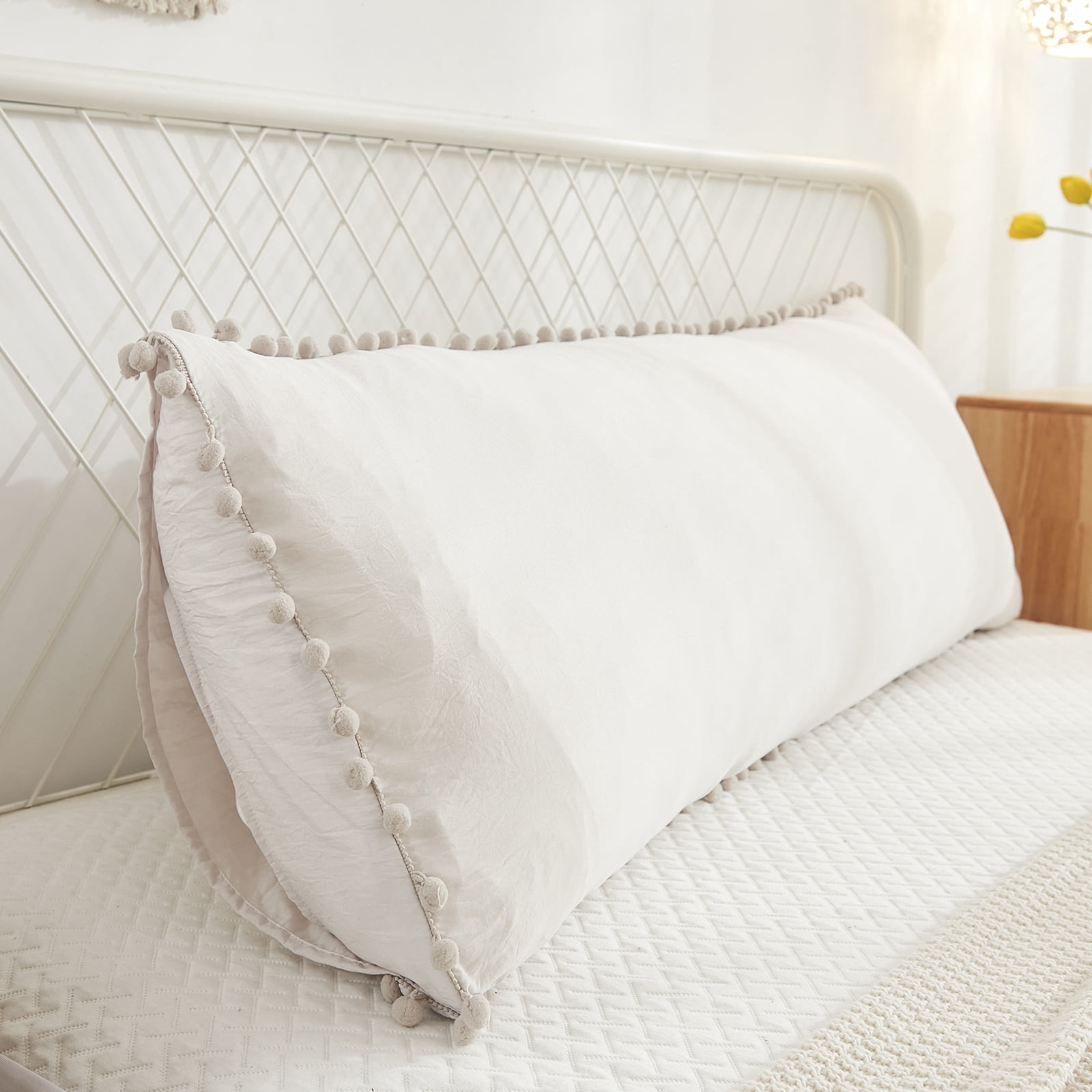 Move Over Beige Grey Body Pillowcase 20x54" Pom Poms Fringe Pattern Linen Grey Long Body Pillow Cover Washed Microfiber