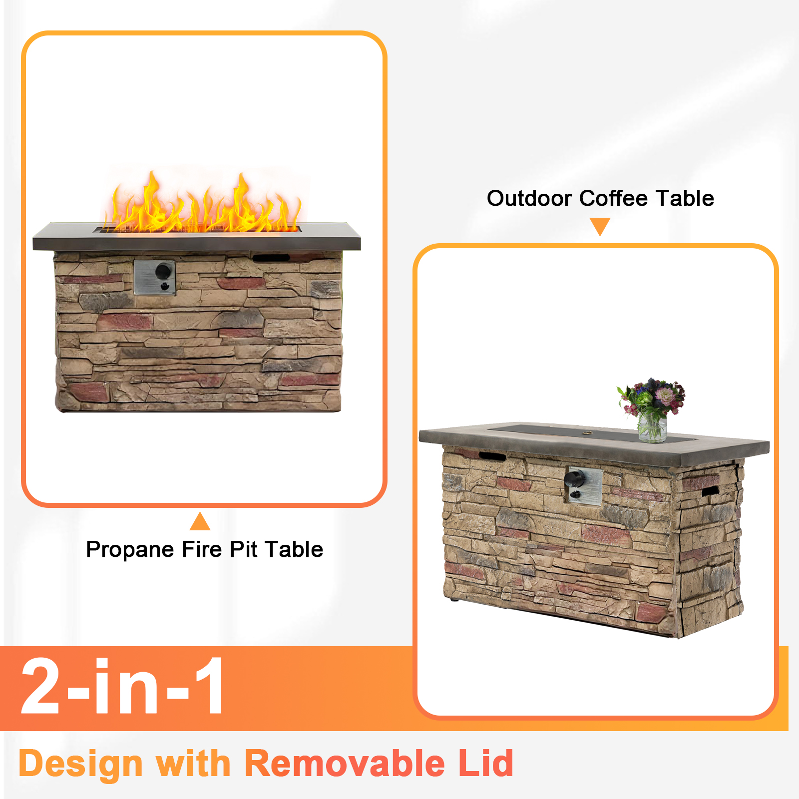 42" Propane Gas Fire Pit Table, 50000 BTU Rectangular Concrete Fire Pit for Outside Patio Deck Garden Backyard
