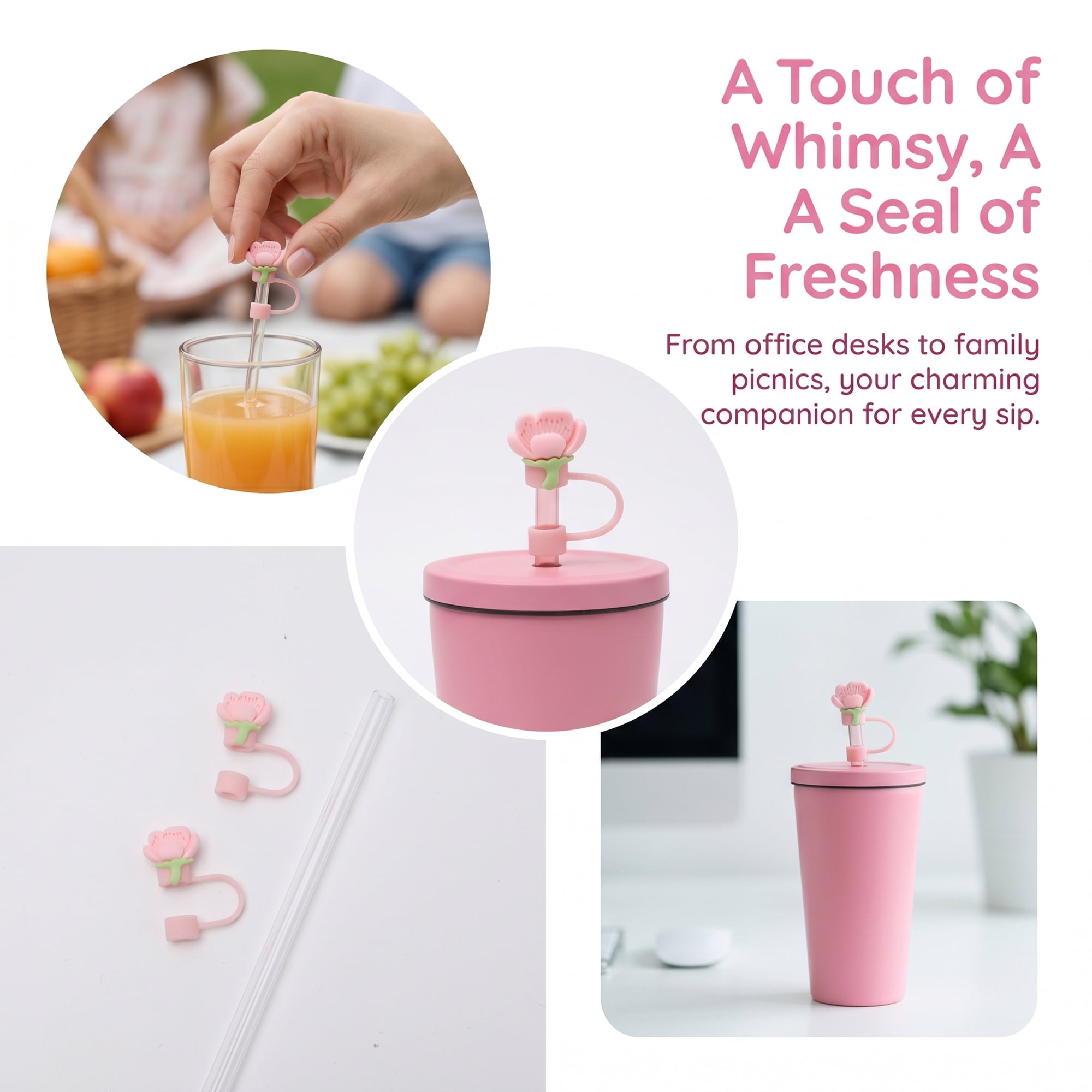 Unique Bargains 2Pcs Floral Silicone Straw Caps Reusable Dust-Proof Toppers Pink B