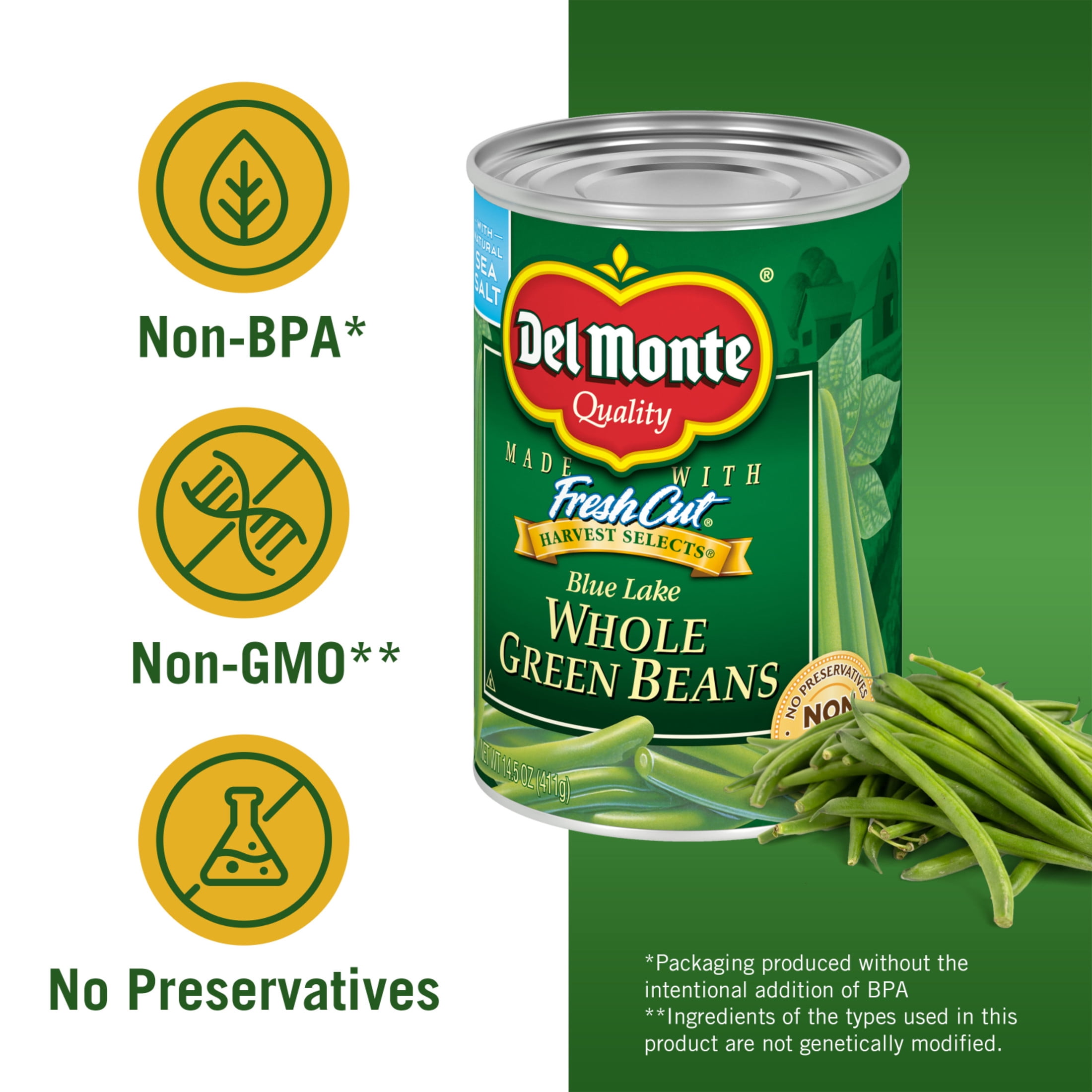 (12 pack) Del Monte Blue Lake Whole Green Beans, Canned Vegetables, 14.5 oz Can