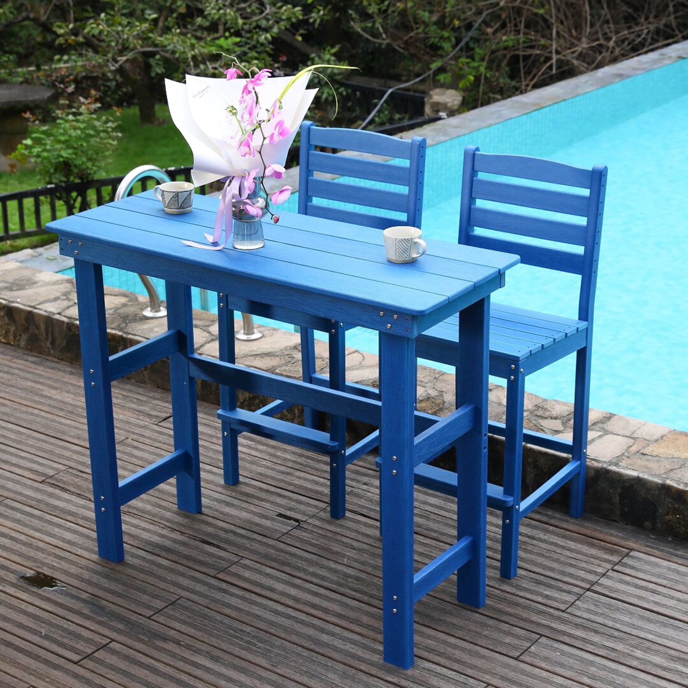 Noble House Balcony Adirondack Bar Height Chair, All-Weather Patio Garden Stool with Backrest, Lake Blue, Set of 2