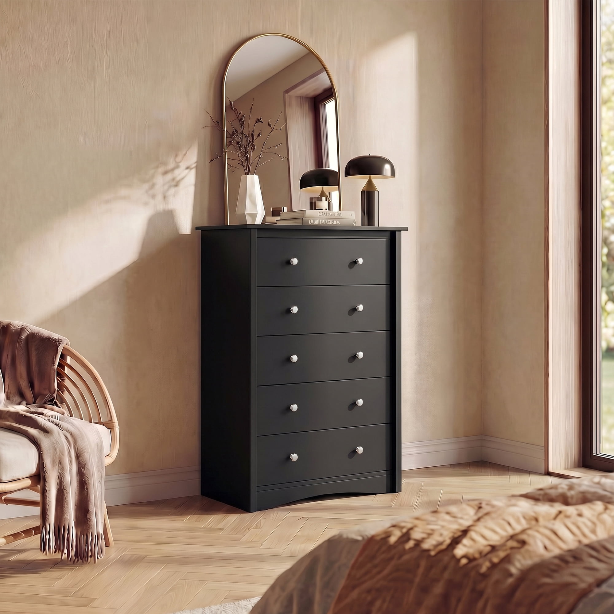 Lacoo 45'' Tall 5 Drawers Wooden Dresser for Bedroom, Modern Storage Chest of Drawers, Black
