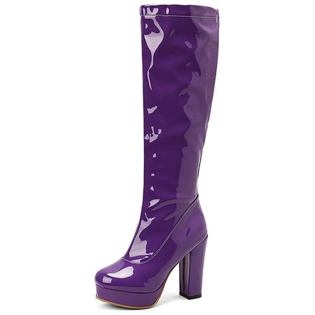 

Welliumy Ladies High Heeled Boot Chunky Heel Shoes Side Zip Knee Platform Boots Wedding Party Sexy Round Toe Purple 5